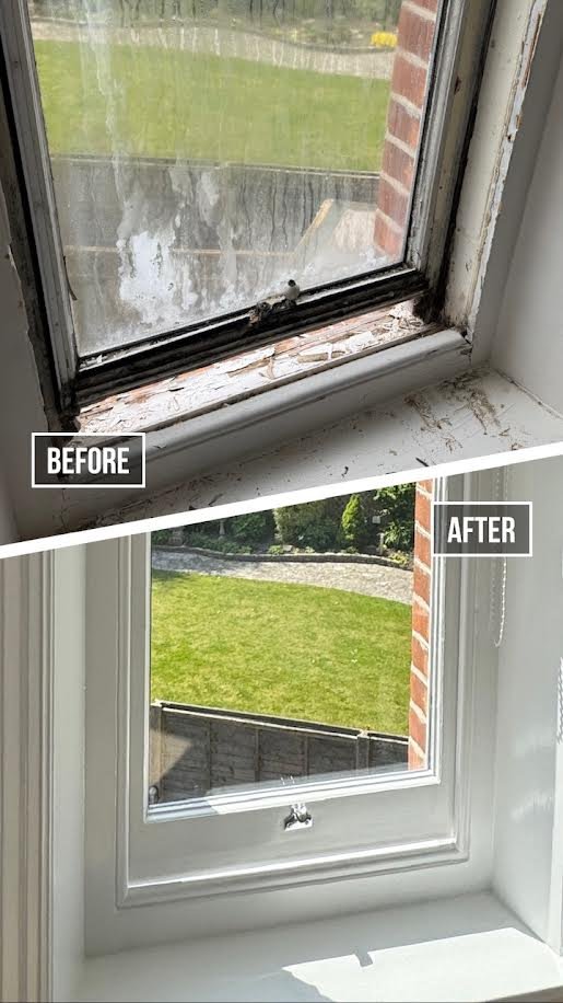 Two-part image showing a window before and after cleaning or restoration. The top half depicts a dirty, damaged window, while the bottom half shows the same window clean and repaired with a clear view outside.