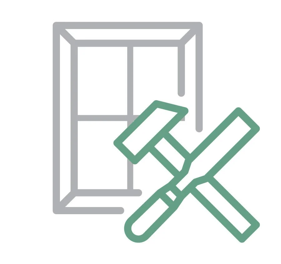 Icon of a window with cross tools, hammer and ruler, overlapping.