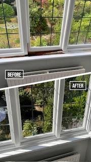 A comparison image showing windows before and after cleaning. The top part labeled 'Before' shows a dirty window with streaks. The bottom part labeled 'After' shows a clean, clear window.