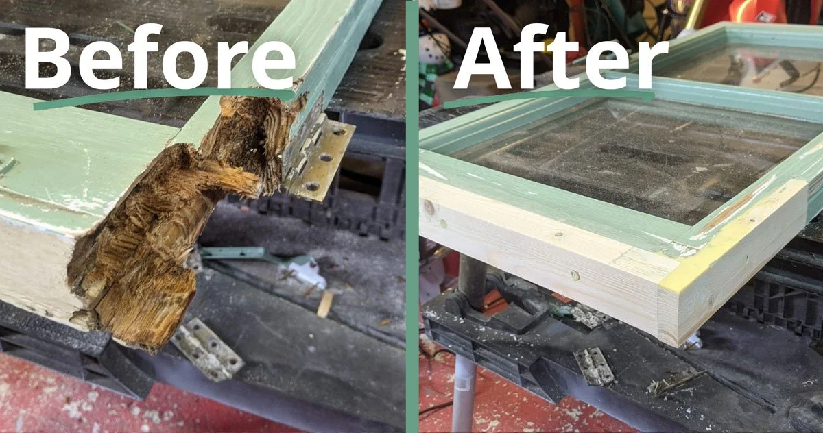 Comparison of a wooden window frame before and after repair