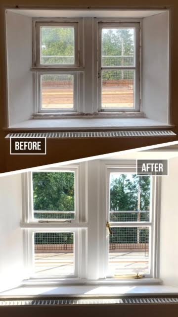 A side-by-side comparison of a window makeover, showing the window before and after refurbishing. The top image shows the old window with chipped paint and dull glass. The bottom image shows the same window newly painted, with clear glass and a brigh