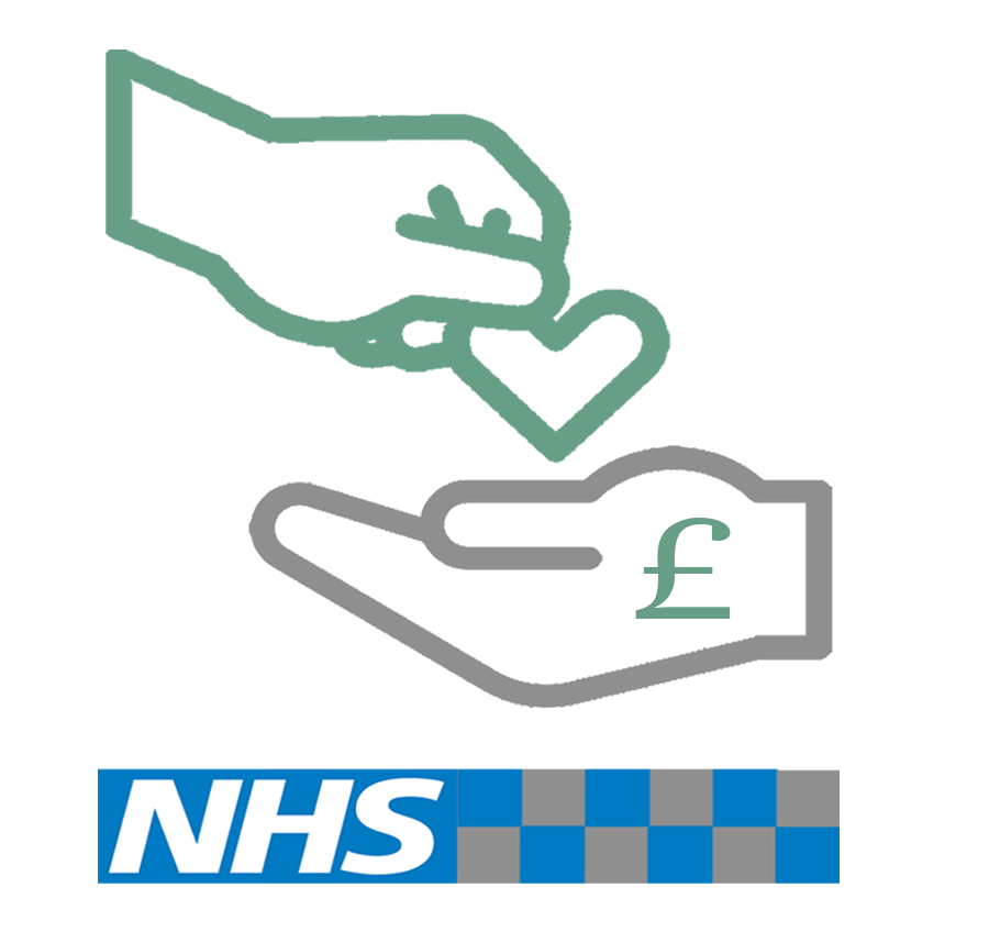 NHS logo with a currency symbol and digital technology elements