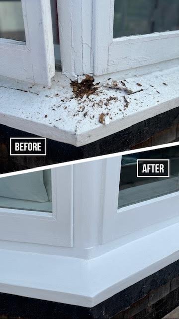 Two images of a window corner showing a "before" and "after" repair. The "before" image has chipped paint and debris, while the "after" image features a clean, freshly painted surface.