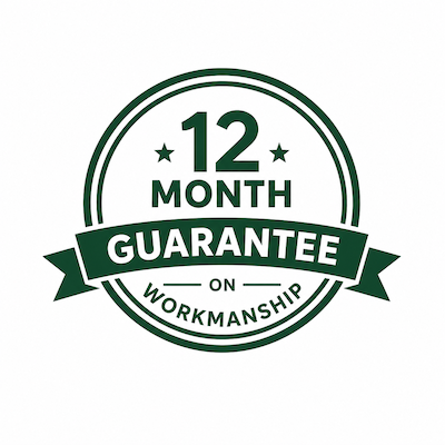 12 month workmanship guarantee badge representing quality craftsmanship, reliability, and customer peace of mind.