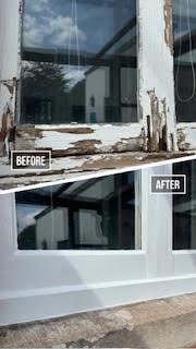 A comparison of a window frame showing "Before" with peeling and damaged paint and "After" with a smooth, freshly painted surface.