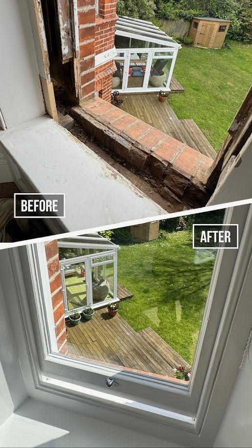 Two images showing a window repair before and after. The top 'before' image has an old, damaged window frame with exposed bricks. The bottom 'after' image shows a new, white window frame fitted, looking out onto a garden with a conservatory and lawn.