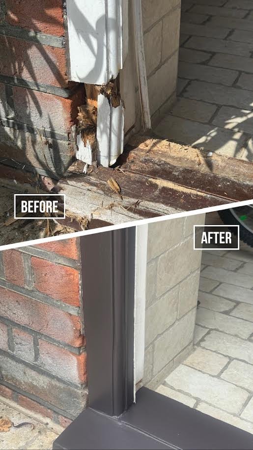 Before and after door frame repair, showing damaged wood in the first image and restored, painted frame in the second image.