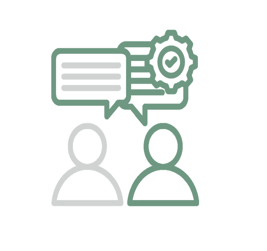 Two outlined human icons with speech bubbles, one with a gear and check mark symbol, suggesting communication or collaboration.