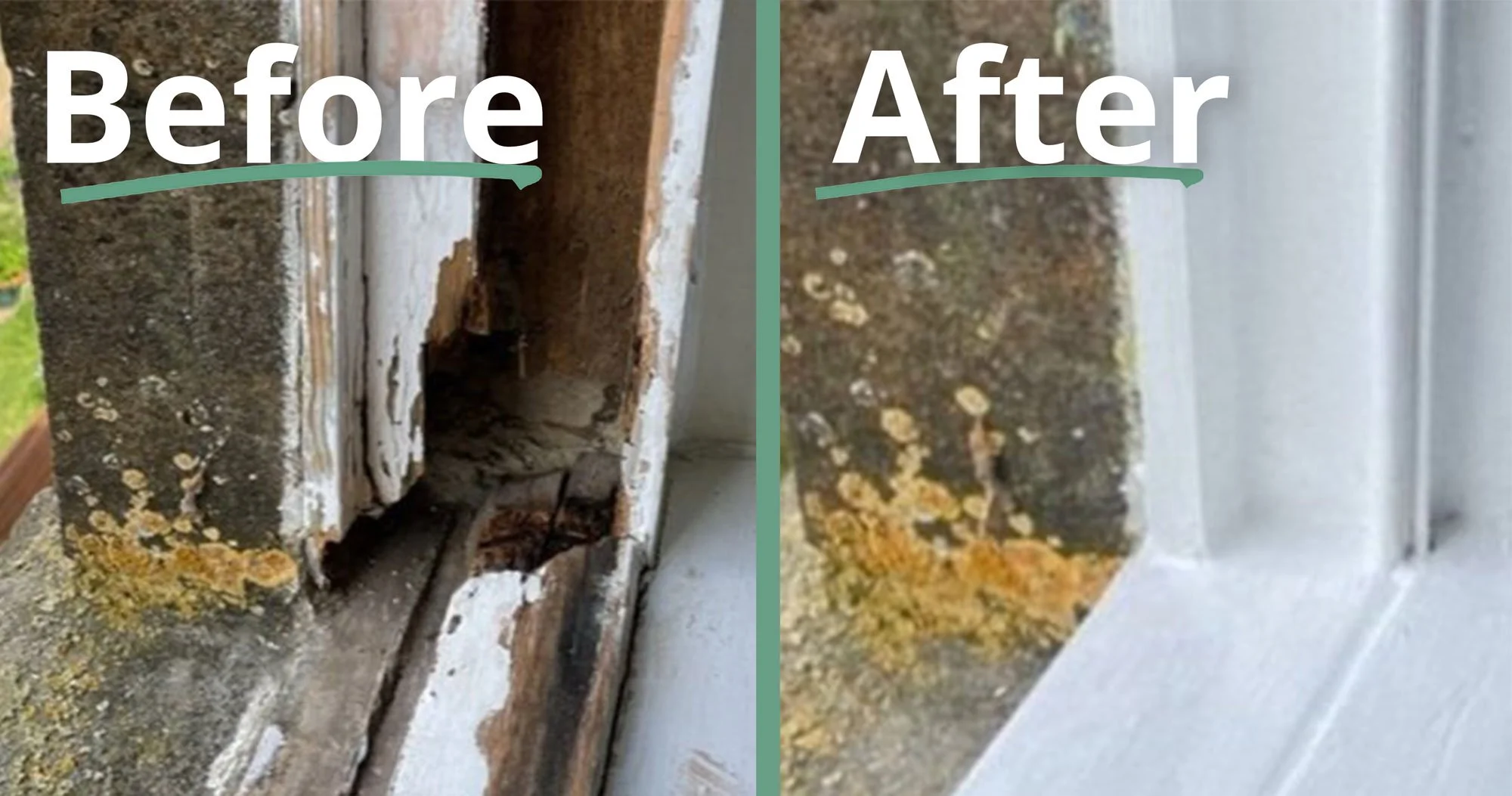 Comparison of window frame before and after repair, showing damage and mold removal.