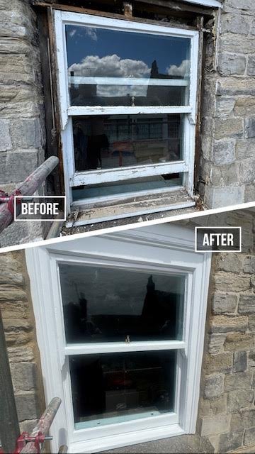 Before and after photos of a window replacement. The top image shows an old, worn-out window with a weathered frame and chipped paint, while the bottom image showcases a newly installed, clean window with a fresh white frame.