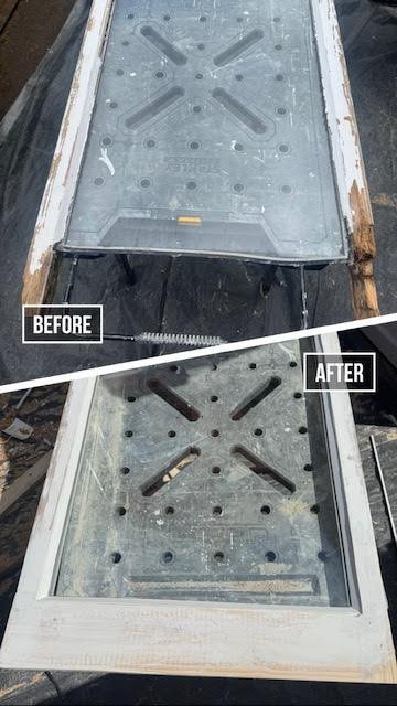 Comparison of a glass panel framed in wood, showing 'before' with old, weathered paint, and 'after' with fresh, white paint.