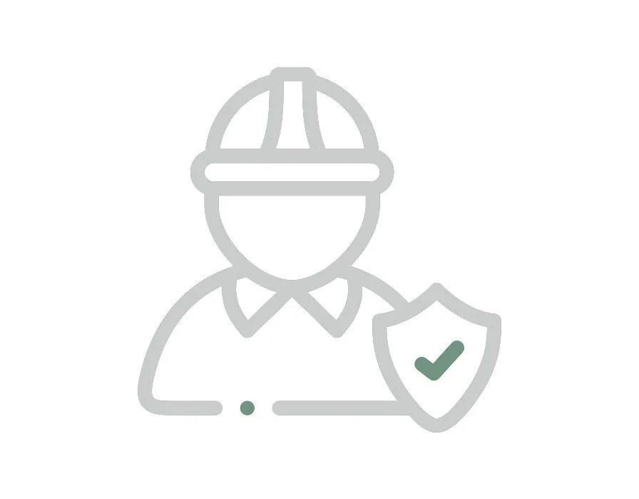 Icon of a construction worker wearing a hard hat with a shield showing a check mark, representing safety and protection.