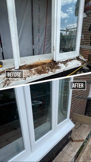 "Comparison of window frame repair before and after, showing damage and restoration."