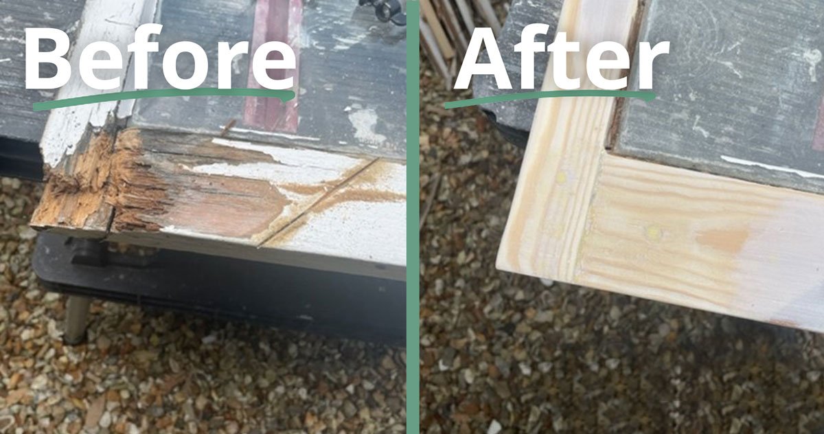 Wooden window frame before and after repair. The left side shows damaged, rotten wood, while the right side shows a restored and smooth finish.