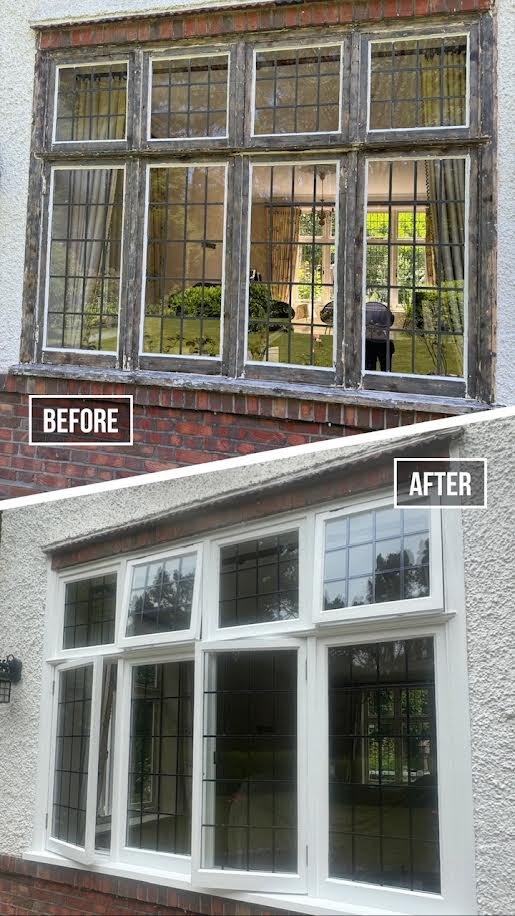 Comparison of a window before and after restoration. The 'before' image shows a worn-out, old window with peeling paint, while the 'after' image displays a freshly painted and restored window frame.
