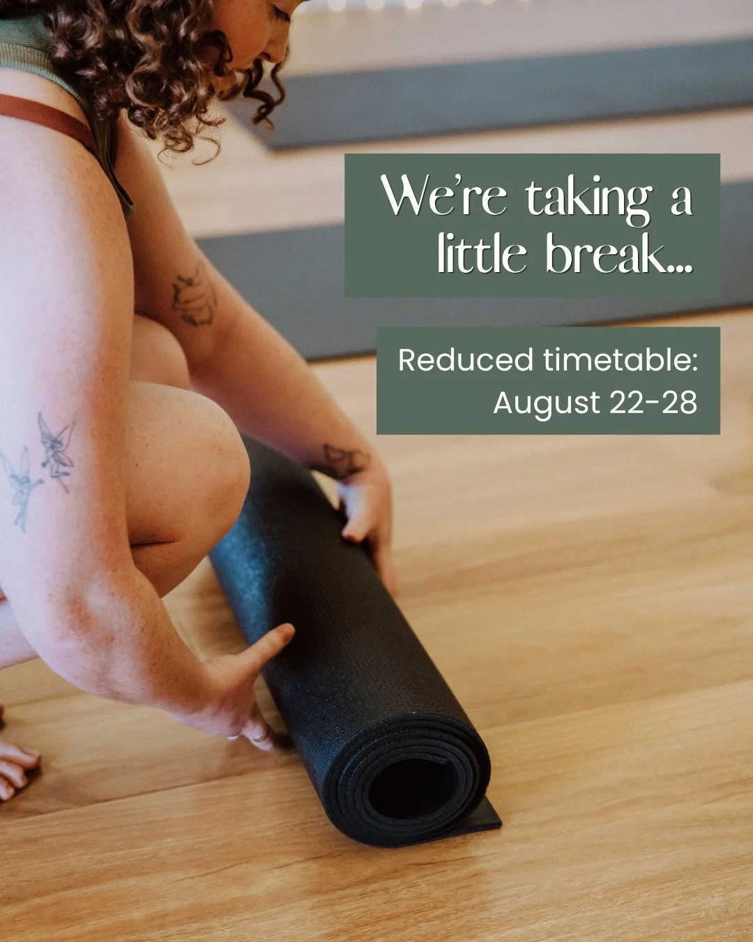 Reduced timetable | August 22-28 🧘🏻&zwj;♀️🌸 
 
The studio will run a little differently for a week while Hannah takes a short break. We'll be closed on Saturday, August 22, then running on a lighter timetable until Han returns for classes on Satur