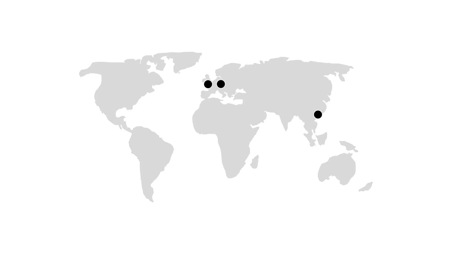 World map with three black dots in Europe and Asia.