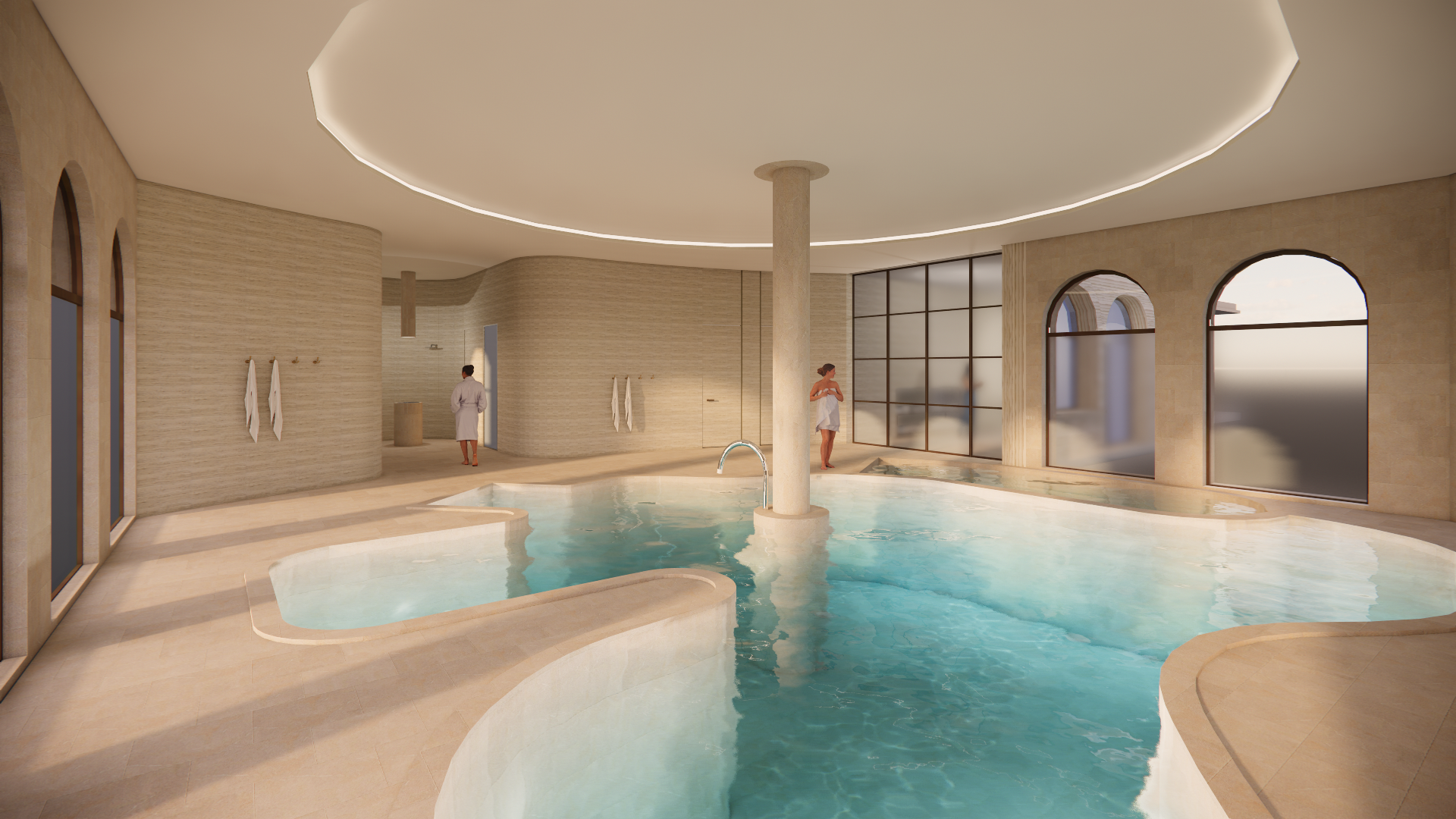 Inspired by the earthy qualities of the Mediterranean sea, the proposed Luxury Spa includes 15 treatment rooms and indoor pool. Providing Marine sea water rituals, hammam, Scandinavian sauna, cryotherapy and cold showers.
