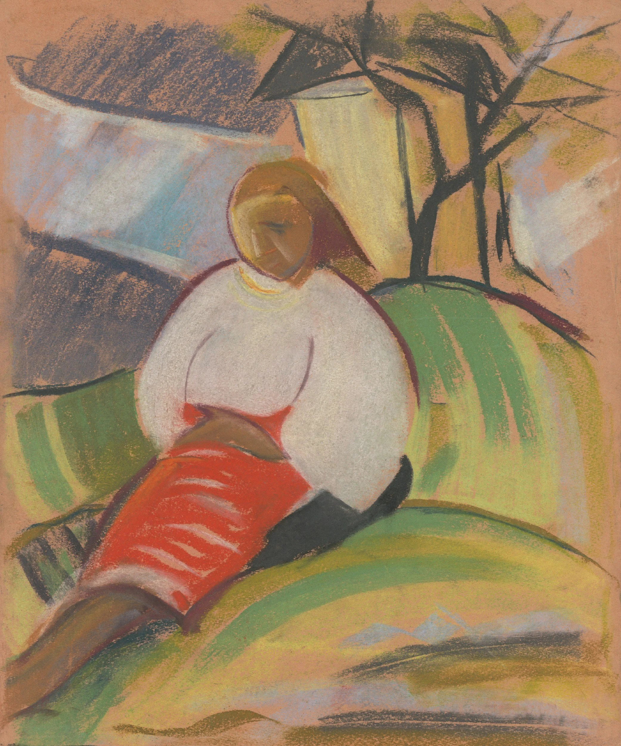 Abstract digital artwork of an African woman with long hair sitting in traditional attire against a painted backdrop. 