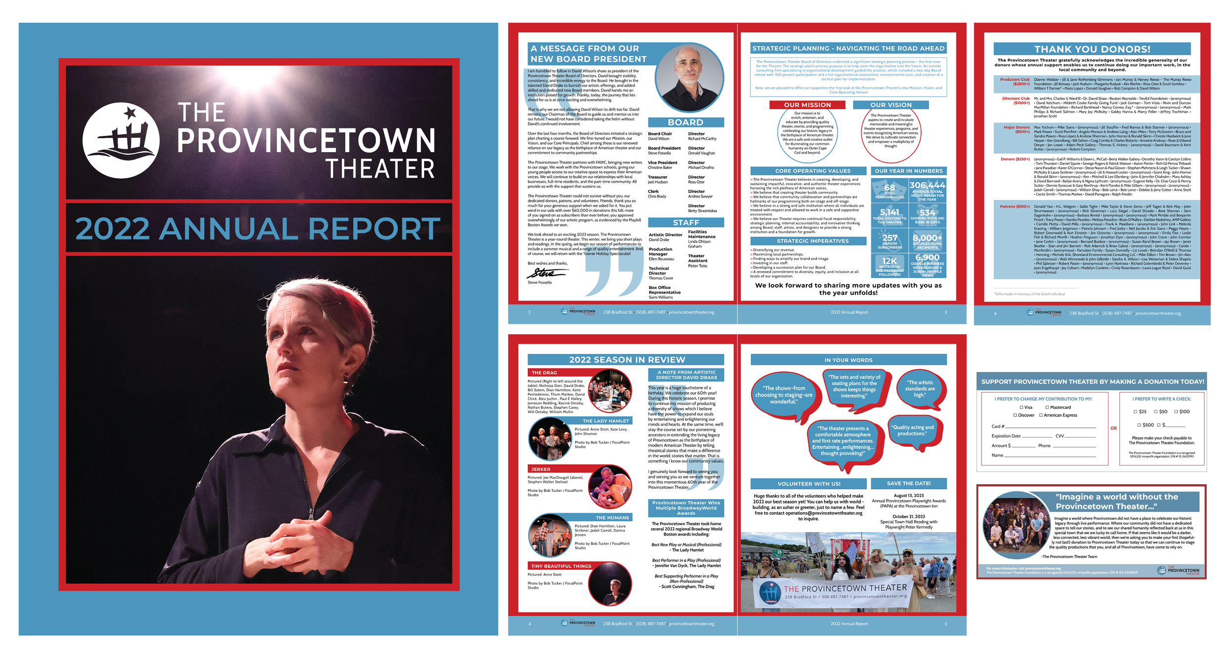 Annual Report Newsletter Designed in Adobe InDesign for Provincetown Theater. Newsletter Was Sent Out With Buck Slip And Donation Return Card.