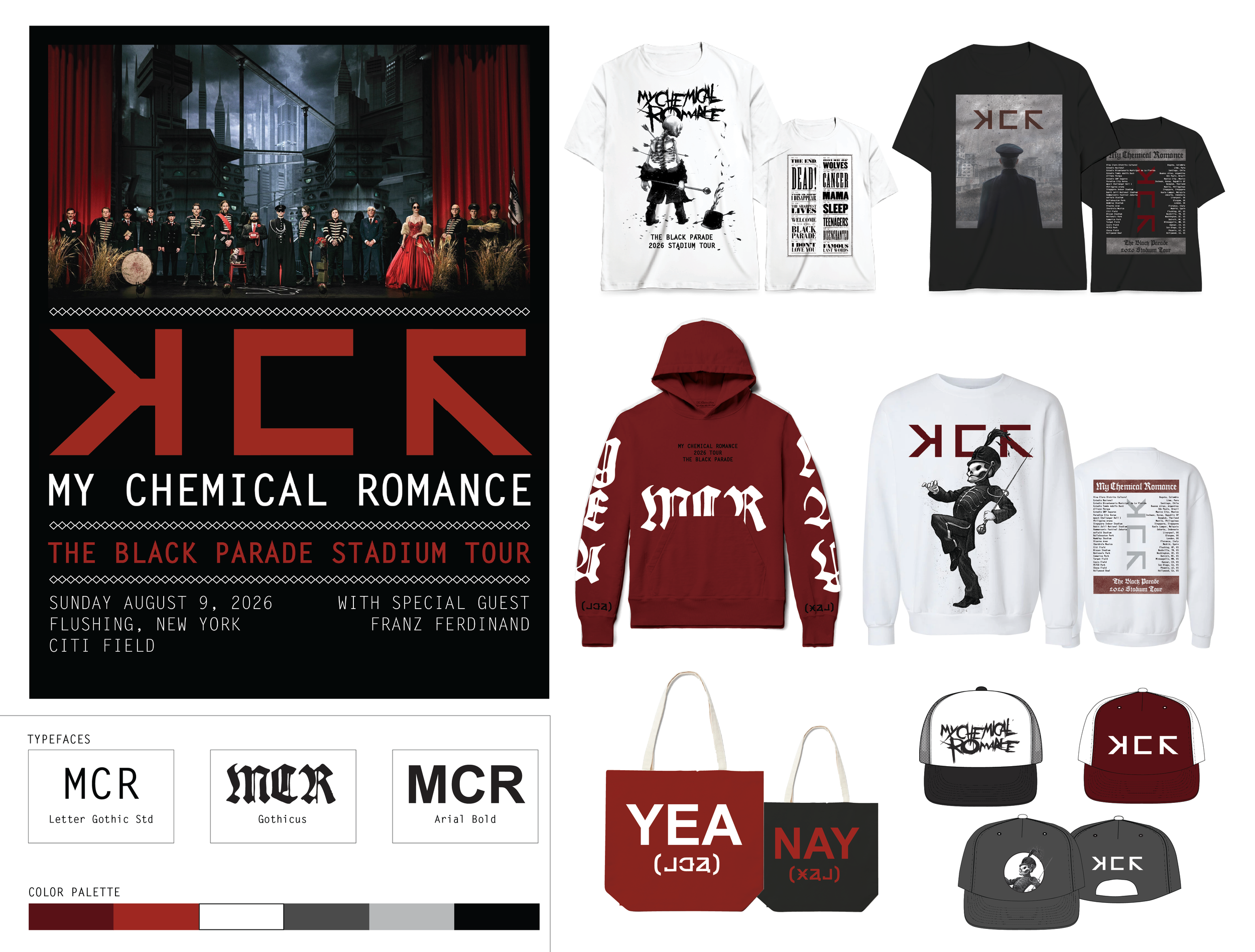 Self Initiated Project: Redesign Concept For My Chemical Romance's 2026 Black Parade Stadium Tour. Items include: Poster, Tees, Hoodie, Sweatshirt, Tote (Front/Back), Trucker Cap, Baseball Caps