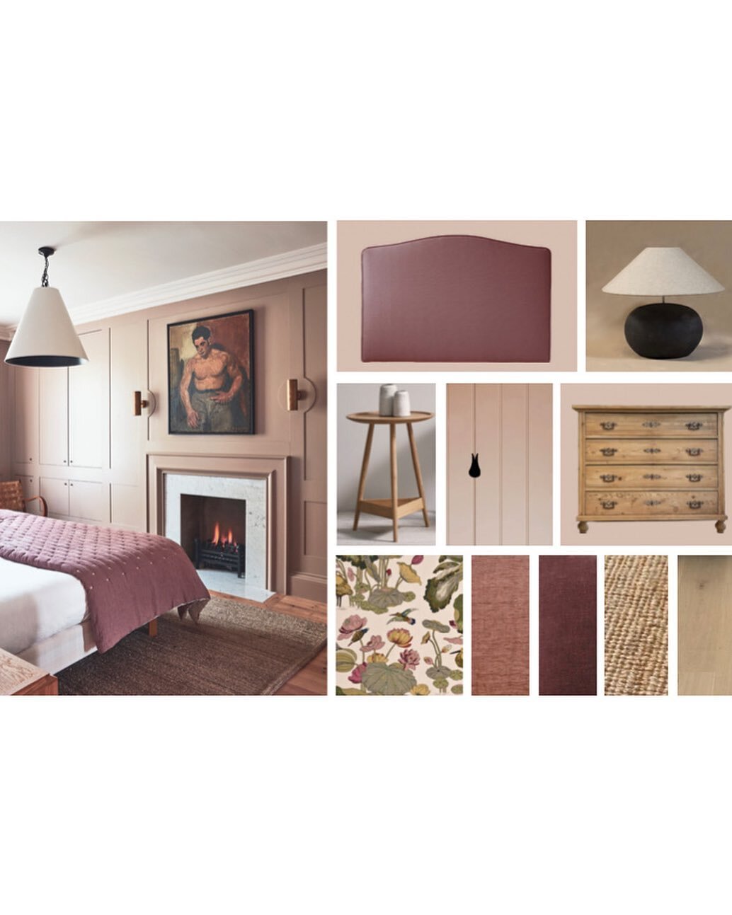 Initial concept for a serene and sophisticated bedroom 😌I&rsquo;ve been searching for a beautifully simple yet classic headboard design to work with my scheme and I love the gentle curve of the design I found. Antique pine furniture and a sisal rug 