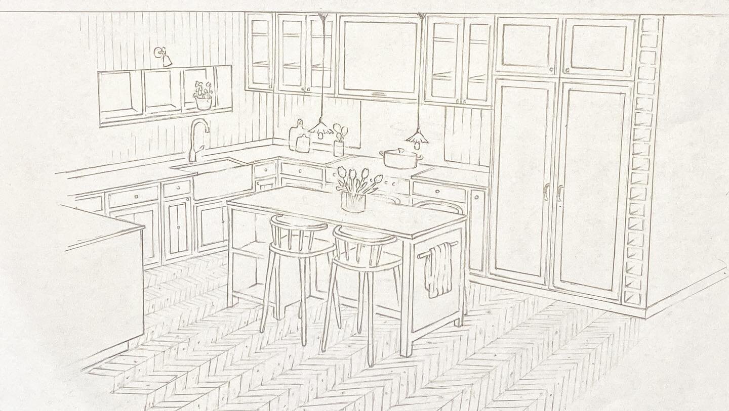 Initial kitchen design sketch for a 1920s country home in &Aring;karp. #k&ouml;k  #k&ouml;ksdetaljer #k&ouml;ksinspiration #k&ouml;kdesign #inredning #inredningsinspo #interiordesign #sekelskifte #sekelskifteshus #countryinteriors #swedishdesign #cou