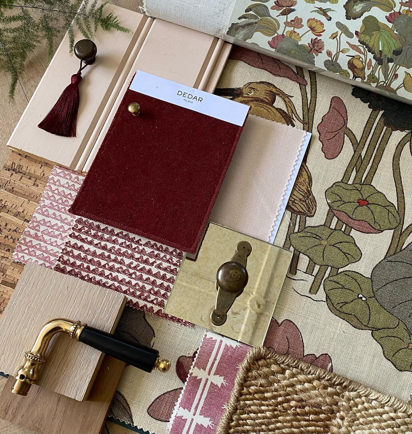 Bedroom sampleboard 🍃😌 Developing material ideas for a peaceful cottage master bedroom. I don&rsquo;t often use bold patterns in my schemes but this background fabric - Nympheus from GP&amp;J Baker is beautiful and brings this bedroom to life. Clas