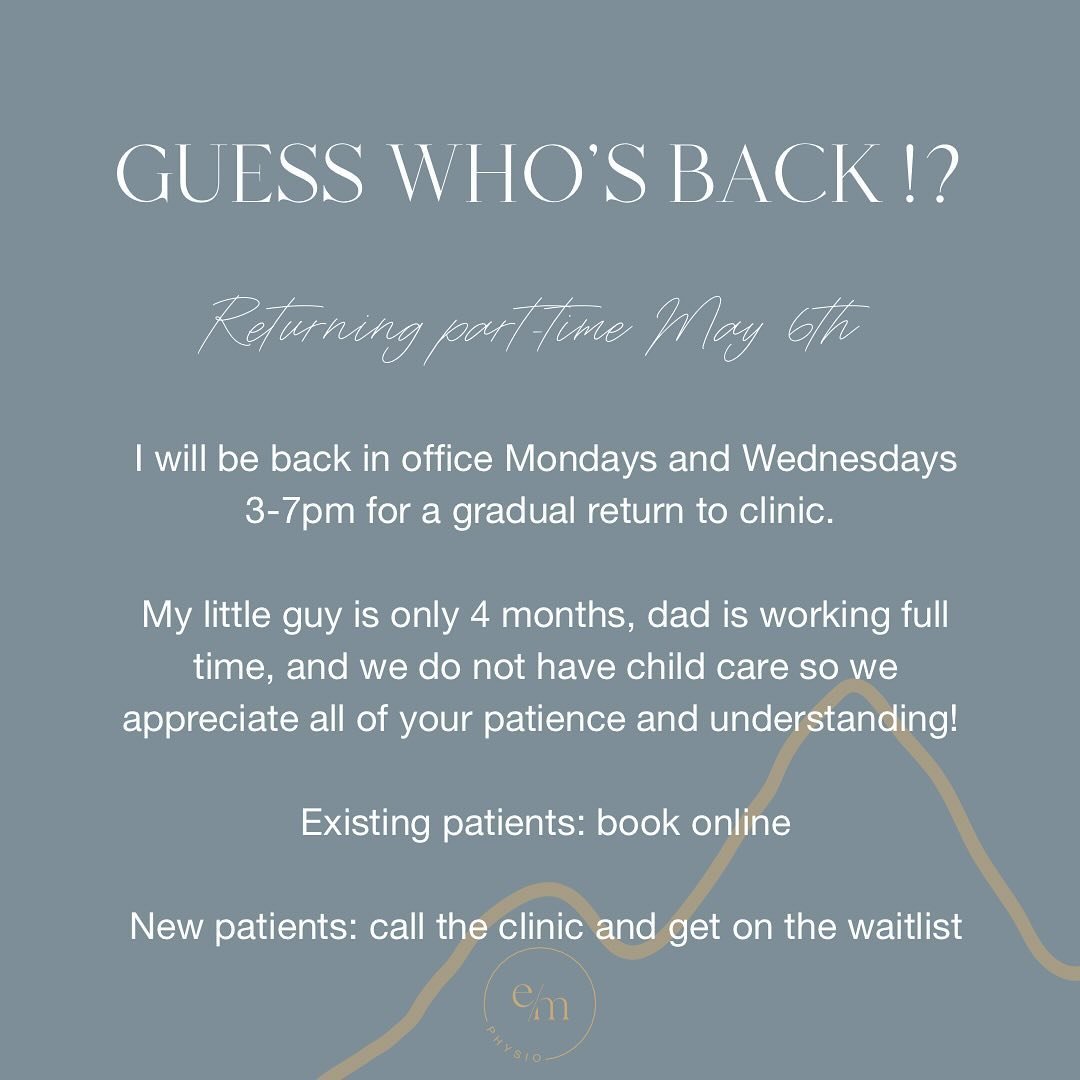 Return Date Set! 

I will officially be getting back into the clinic part-time starting May 6th. I will be in Mondays and Wednesdays 3-7pm and can&rsquo;t wait to see you all! 

Return to work with an infant, a husband working full time, and no child