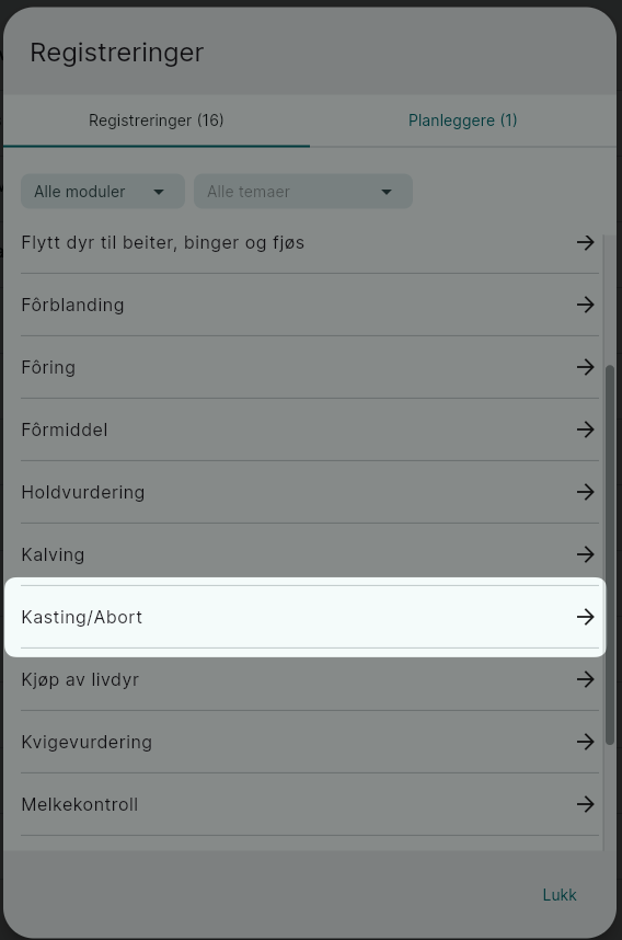 Registrere kasting/abort