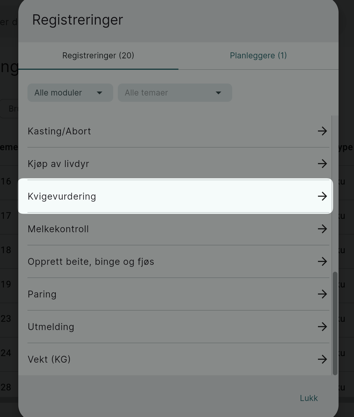 Registrere kvigevurdering