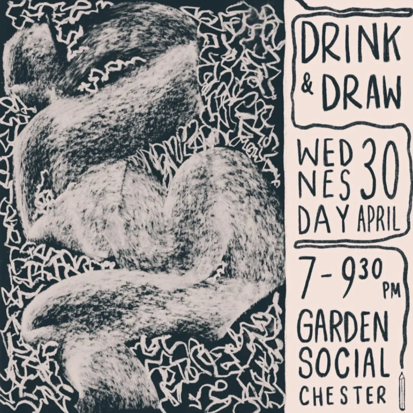 🍺✏️ I am *very* excited to host Drink &amp; Draw with @gardensocialchester at the end of the month ✨

Think you can&rsquo;t draw? Perfect&mdash; this session is for you.
Whether your art teacher crushed your dreams, or you just haven&rsquo;t doodled