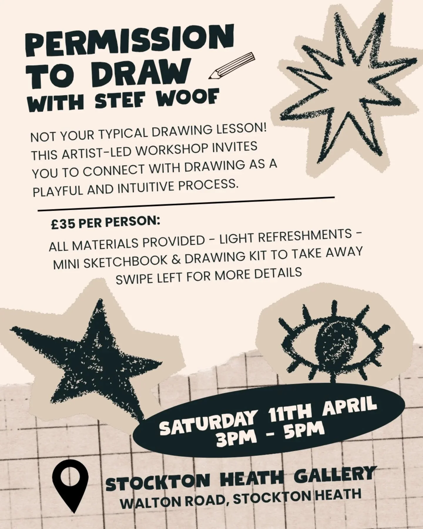 Brand new workshop! ✏️ Permission to Draw 🖍️

📆 Saturday 11 April 2026
⏰ 3pm - 5pm
📍Stockton Heath Gallery, Walton Rd Stockton Heath
🖍️ Suitable for all skill levels
🎟️ &pound;35 pp - includes all materials, refreshments, and a mini art kit to t