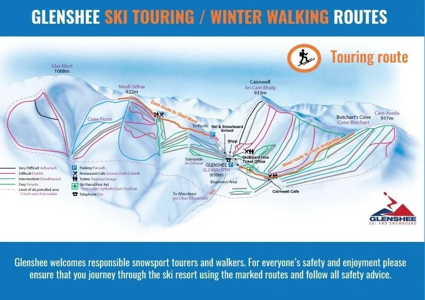 Map of Glenshee ski resort showing ski and winter walking routes, key locations, and terrain difficulty levels.