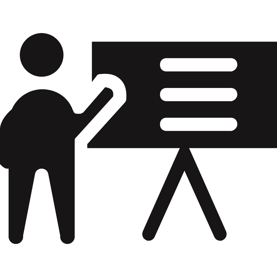 Silhouette of a person giving a presentation with a pointer to a board with lines of text.
