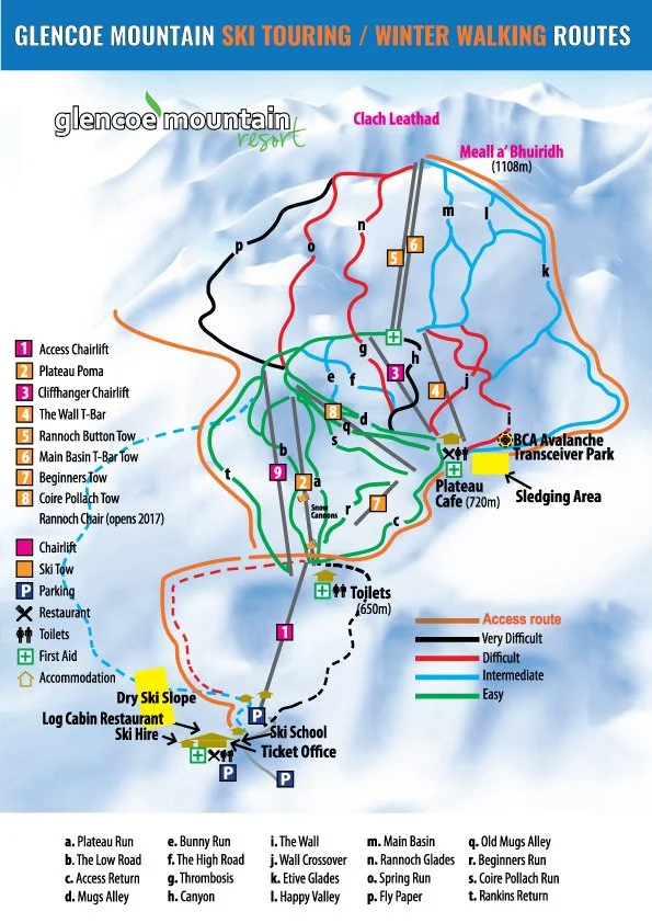 Map of Glencoe Mountain ski resort showing ski touring and winter walking routes, ski lifts, chairlifts, trail difficulty levels, amenities like toilets, ski school, ticket office, parking, restaurants, accommodation, and various ski routes labeled with numbers and letters.