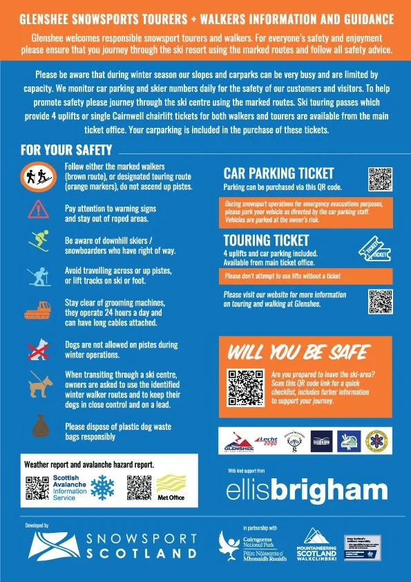 Informational sign from Glenshee Snowsports Tourers and Walkers, providing safety instructions, parking information, and safety tips for winter sports and walking activities at Glenshee ski resort in Scotland.