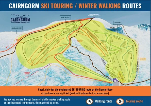 Map of Cairngorm ski touring and winter walking routes showing marked ski slopes and trails, with designated routes for walking and touring, including the Ranger Base and other key locations in Cairngorm.