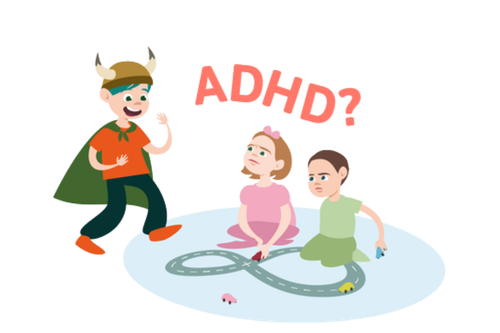 Tegneserie av en person ikledd vikinghjelm som tuller med to barn på gulvet, hvorav en har ADHD. Det står ''ADHD?'' i rosa tekst over dem.
