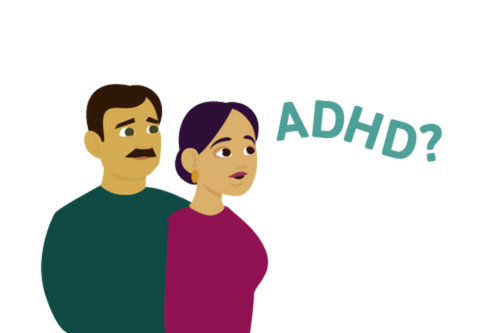 Tegneseriebilde av en mann og en kvinne som ser på et skilt med teksten 'ADHD'.