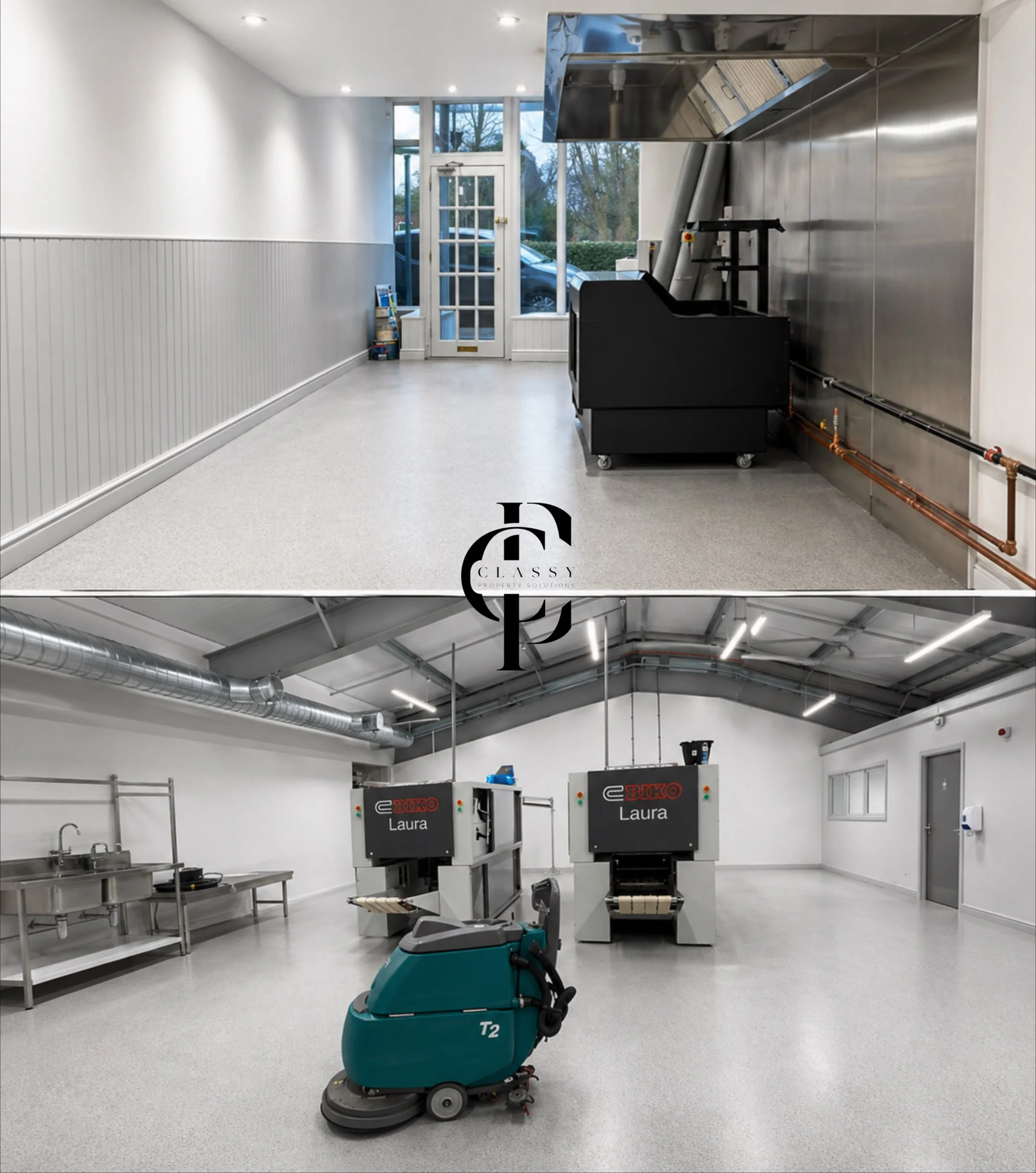 Cleaning equipment in an empty commercial kitchen or industrial space, including a floor scrubber with a teal body and black base, two conveyor ovens labeled 'Laura' and 'Biko' on stands, stainless steel sink and countertops on the left, with bright lighting, white walls, and a window showing trees outside.