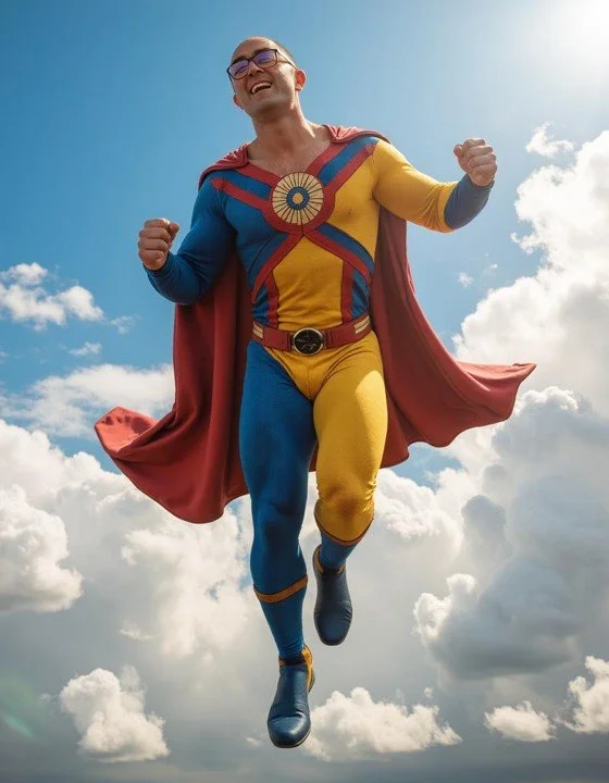   Image showing the author as a superhero in tights and a cape, hovering in the sky  