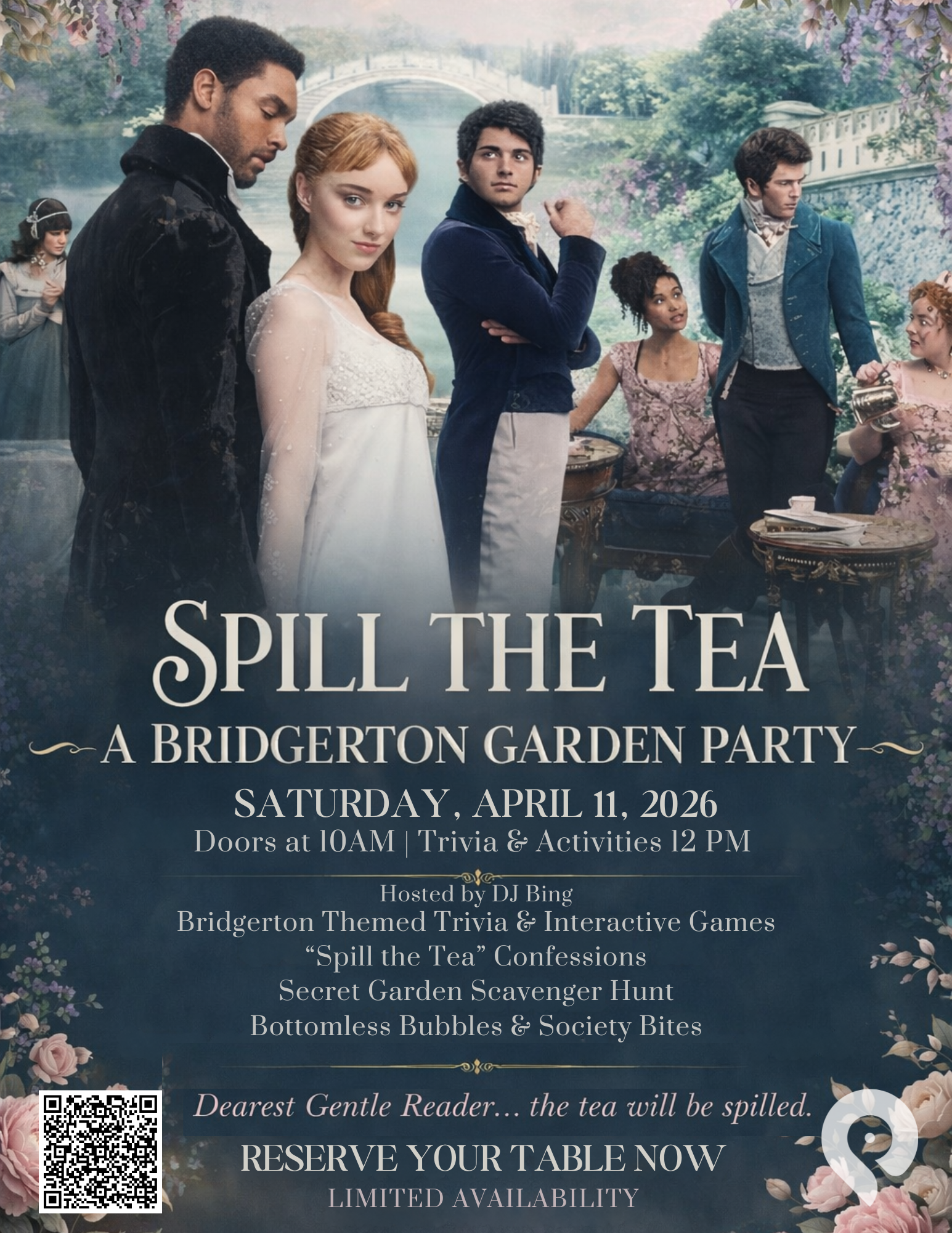 Promotional poster for a garden tea party event featuring characters dressed in historical or fantasy costumes, set in a lush garden with a bridge in the background.