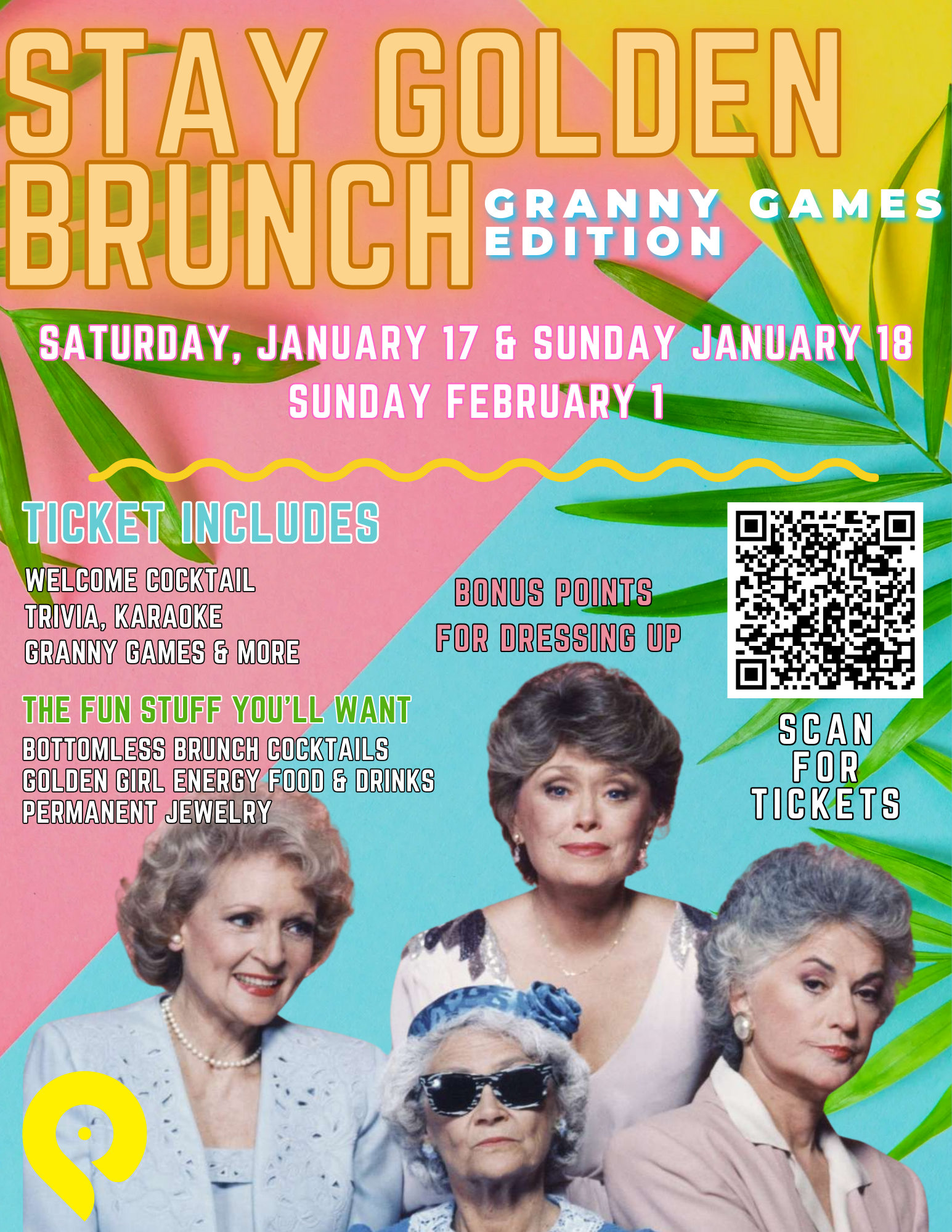 Stay Golden Brunch Granny Games Edition featuring trivia, karaoke, brunch cocktails, and Golden Girls inspired decor