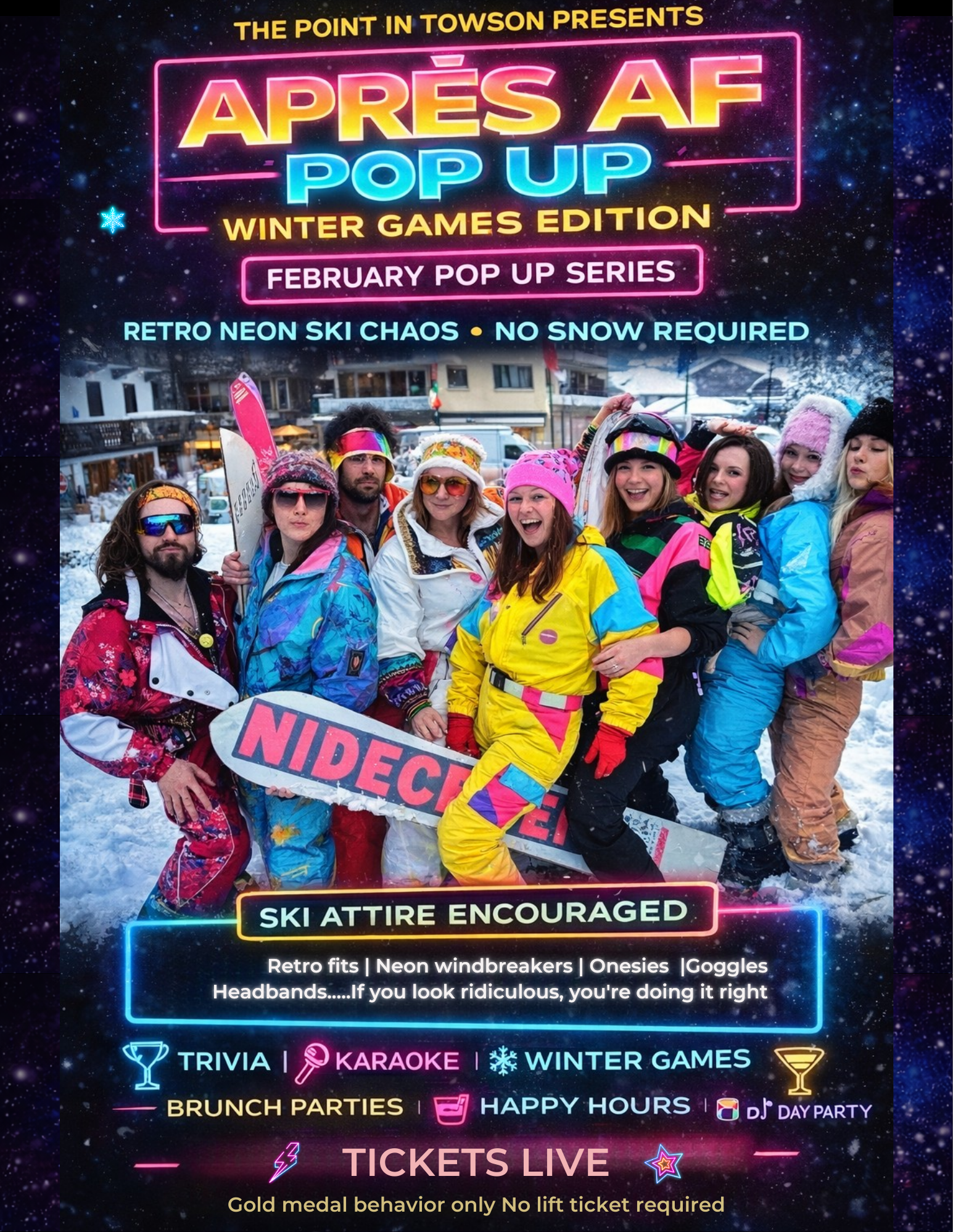 Aprés AF: Winter Games Edition pop up experience featuring themed brunches, happy hour, drag brunch, and themed decor