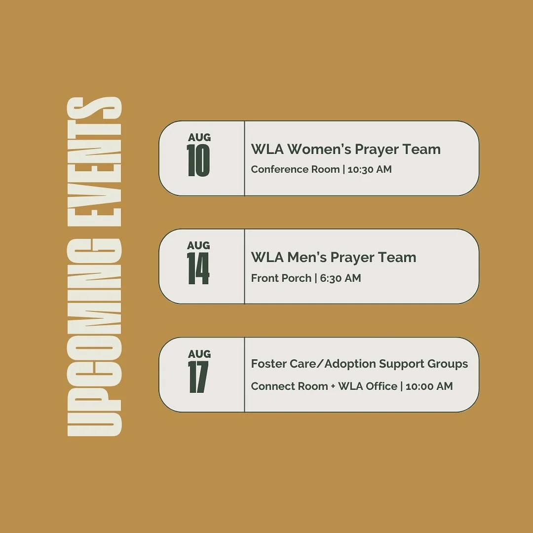 Our We Love Abilene Prayer Teams and Support Groups for Foster and Adoptive Families are back in full swing this August! 

Mark your calendars with the dates listed in the post, and email wla@thewellabilene.com to learn more about how you can get inv
