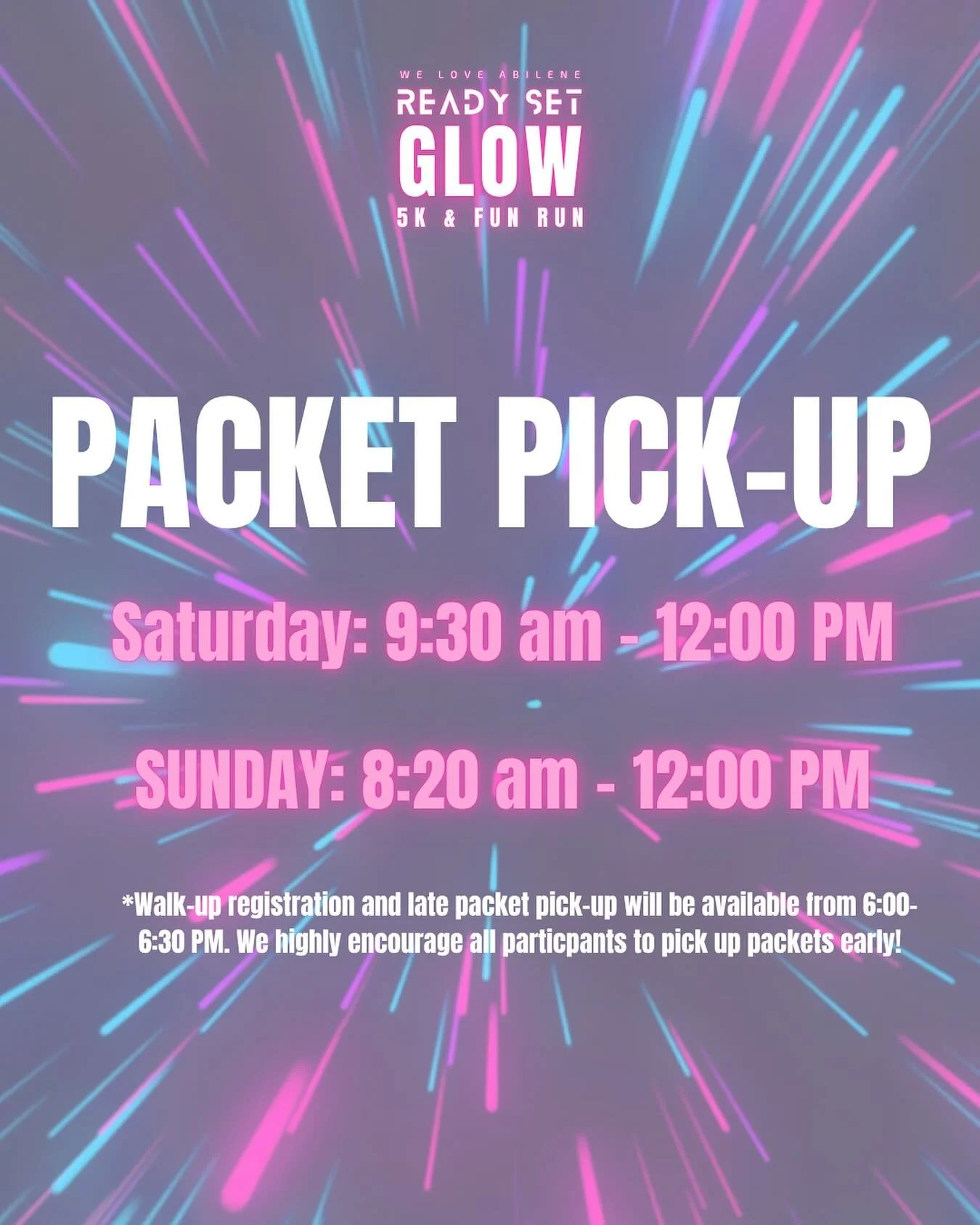 π‍βοΈ Race weekend is almost here, Abilene!
We can’t wait to see you at The Well for packet pick-up and all the pre-race fun. Picking up your packet early helps you skip the lines, grab your shirt and bib, and be ready to run (or walk!) on