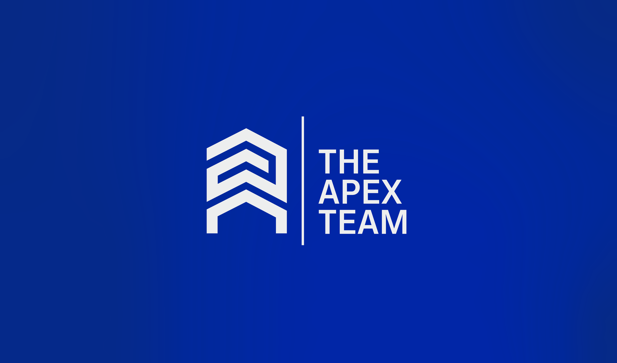 The Apex Team logo — white geometric mark combining chevrons, letter A, and building silhouette on bold electric blue background.