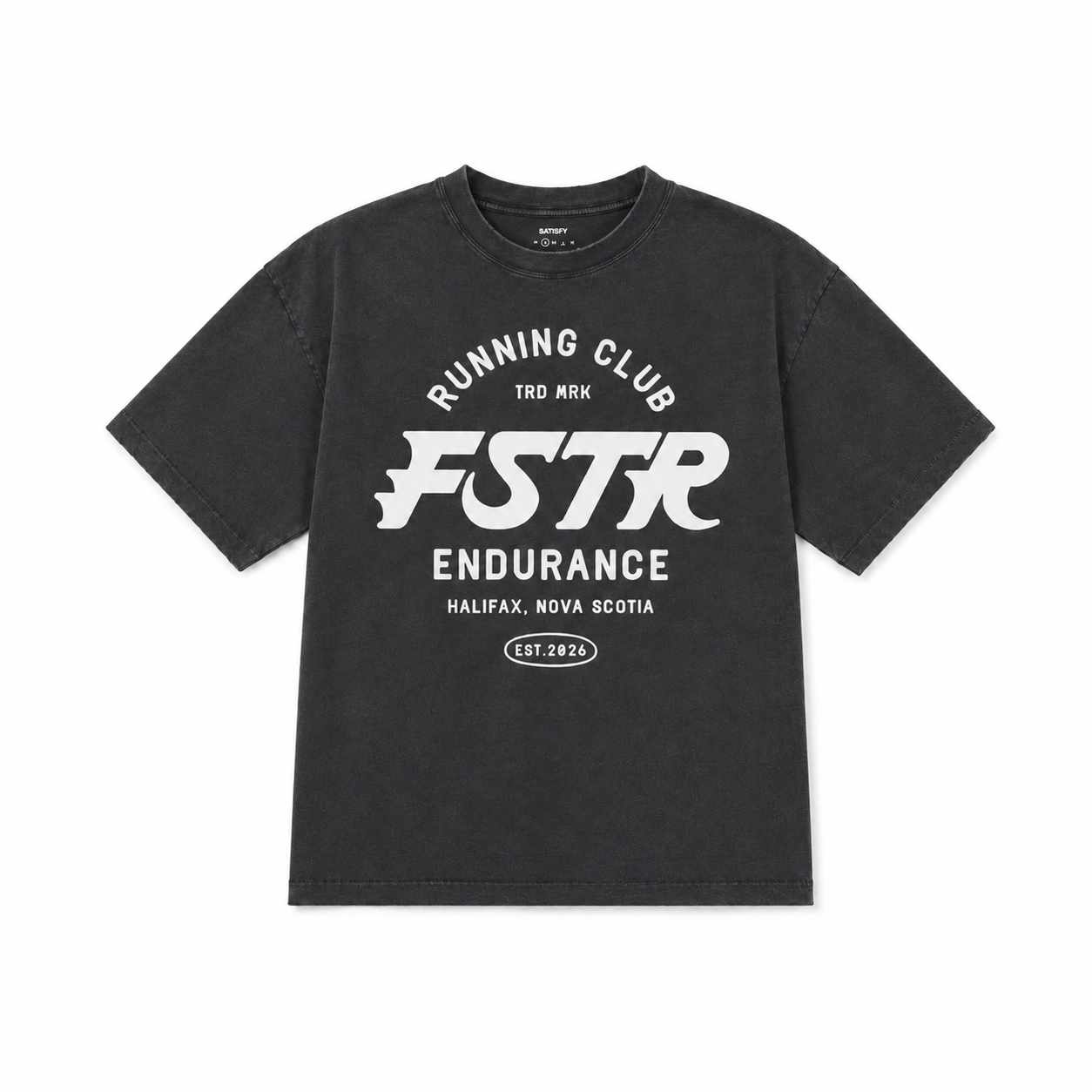 FSTR Endurance wordmark on a washed black sleeveless shirt — running club merch mockup showing the primary logo applied to athletic apparel.