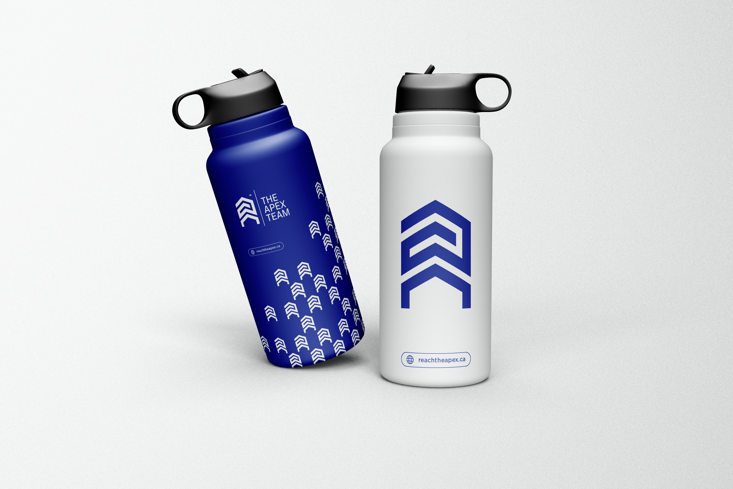 Two Apex Team branded water bottles — electric blue with logo and brand pattern, and white with logo — real estate promotional merchandise.